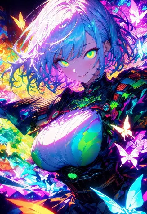 ((shiny,glowing butterflies flying,(((Japanese armor glowing with neon:1.2))),girl,cute smile,big breasts,close up,neon light art,official art,beautiful and beautiful:1.2),highly detailed content,(fractal art:1.2),colorful,most detailed,(zentangle neon lig...