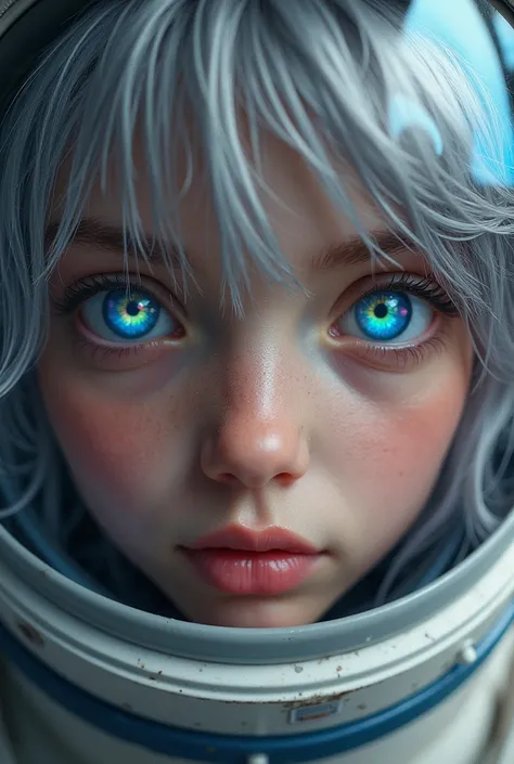  Close-up of an improved masterpiece:1.5)0.9], (Space and astronauts:1.2) ( Messy silver hair :1.1) ( Heterochromia: xanthochromia and blue eyes :1.2) (space helmet:1.0) ( Colored stars in the eyes:1.0) (A radiant glow:1.1) ( Thick lips:0.9)