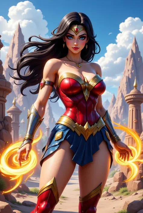  Imagine Wonder Woman fused with Dragon Ball , in the vibrant world of Fortnite .  He wears a costume that combines his iconic red ,  blue and gold armor with details inspired by Dragon Ball , 's visual style as combat shoulder pads Saiyan and a belt with ...