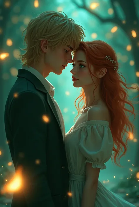  Beautiful Girl ,  reddish hair and green eyes and tall writer boy, sexy,  blond hair and blue eyes. Like enemy to lovers and that they are seeing the floating flashlights 