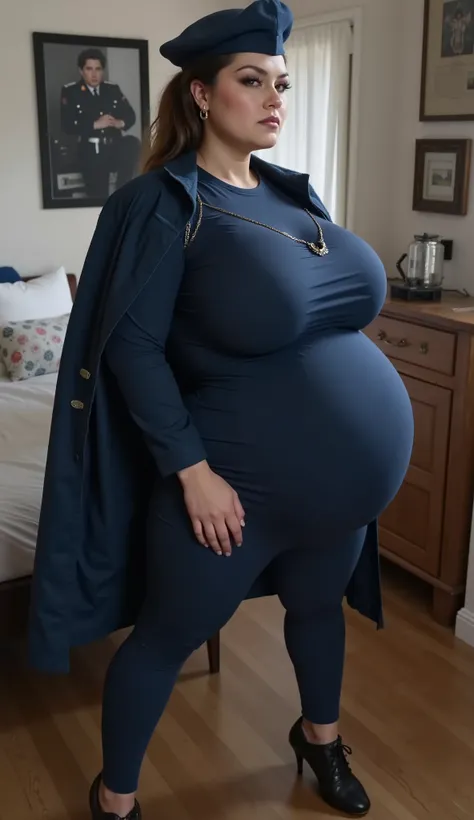 60歳のゲシュタポソルジャーpregnant mature  , pregnant mature  ,  blue military uniform  ( blue-black tight leotard  ) , blue-black beret ,  blue-black coat  ,   while standing still saluting   ,   I have a very big bust  ,    very long hair up to the knee  , Blue-blac...