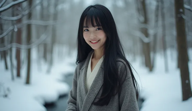  High quality. A real Japanese girl with 18 years old with beyond floor length black hair and see her "whole" body wearing thick lambswool traditional Wafuku standing nearby hot springs inside the forest, must see her whole body. The scenario of forest sho...