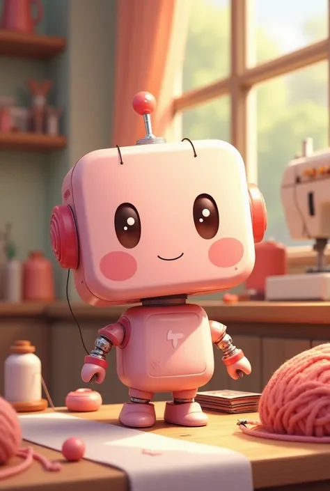   robot  、  illustration  、 warm and cozy 、Square face shape、  pink 、  cute、 background is sewing atelier and knitting tools