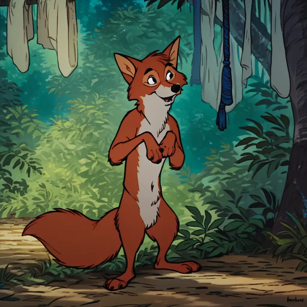 score_9, score_8_up, score_7_up, score_6_up, score_5_up, score_4_up, source_furry, RobinhoodRH, semi-anthro, male, fox, orange fur, naked, nude, standing, in a forest, black eyes, 