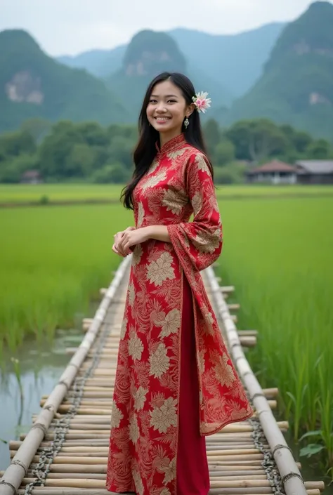 Photography of a 25-year-old Asian woman smiling with floral ornaments in her ears wearing a modern Indonesian batik dress shiny sarong and stylish standing shoes on a bamboo bridge Background of green rice paddy river and typical rural mountain