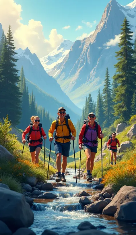  group of people walking with colorful sportswear and hiking pole, sunglasses colored sports cap in the mountains with trees with a water stream, sol al fondo