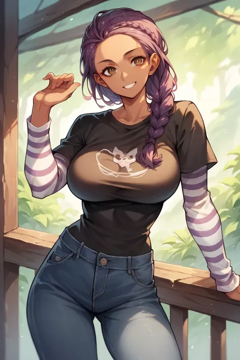 1 girl, solo, black short sleeve t-shirt, layered sleeves, white long sleeves, jeans, defPetra, purple hair, brown eyes, braid, black t-shirt over white long sleeves, confident smile, large breasts, striped sleeves, tanned skin