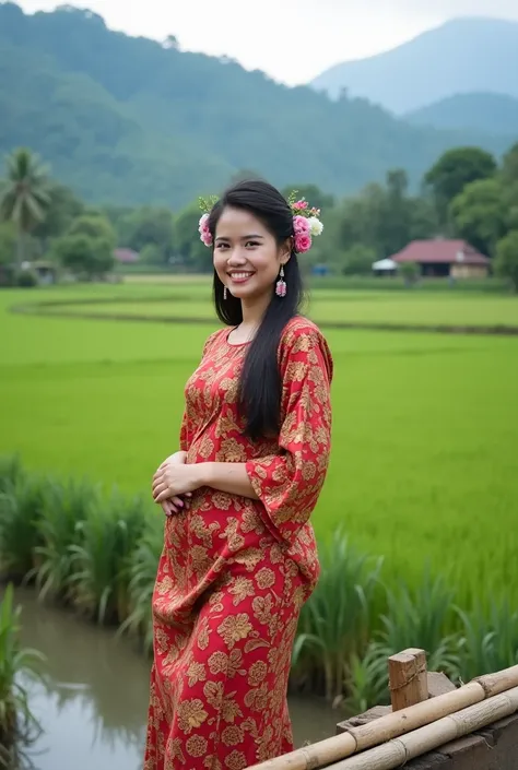 Photography of a 25-year-old Asian woman smiling with floral ornaments in her ears wearing a modern Javanese batik dress shiny sarong and stylish shoes on a bamboo bridge Background of green rice paddy river and typical rural mountain