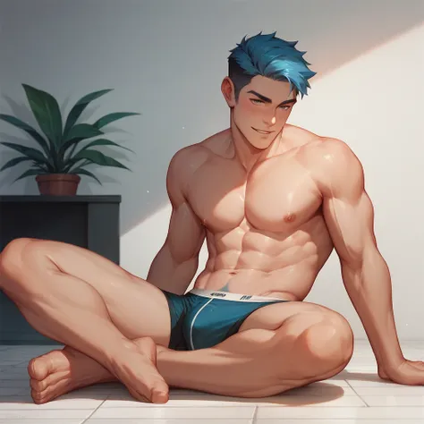 man, underwear , chest, anatomy, good anatomy, male anatomy, sitting, hands on floor