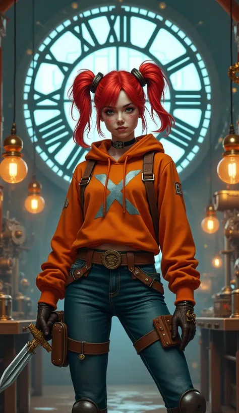 Title> Tempus fugit.
Prompt: A steampunk-inspired young woman with vibrant red hair styled in twin pigtails, wearing an orange hoodie with an 'X' symbol, utility belt, and steampunk gear. She stands confidently in a workshop filled with gears and machinery...