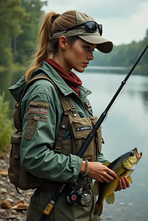 bass fishing high definition,  top quality, accurate,  anatomically correct,  Masterpiece,  Proximity Method,  8k octane ,woman fishingwear