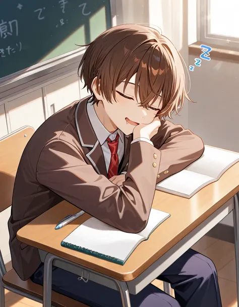 masterpiece, best quality, highly detailed, ultra high res, 1boy, schoolboy, straight hair, short hair, wearing white collared shirt, red necktie, dark blue trousers, long pants, dark brown blazer, brown hair ,sleeping, sleeping on table, (sleep:1.1), smil...