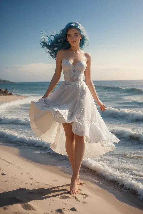  A young woman with long blue hair , fluttering in the wind,  is standing in front of a beautiful beach landscape .  The sky is clear , with some soft clouds,  and the blue sea shines under the sunlight .  She wears a light dress that moves with the ocean ...