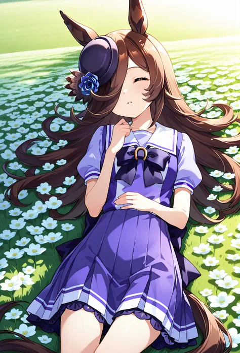 deTailed eyes,     girl,     rice shower  (Uma Musume),     horse ears,         animal ears,     Her hair is down until she covers her eyes, horse Tail,   horse    girl , Tail, length、Taking a nap、Flower Field、 looks comfortable、Sleeping soundly