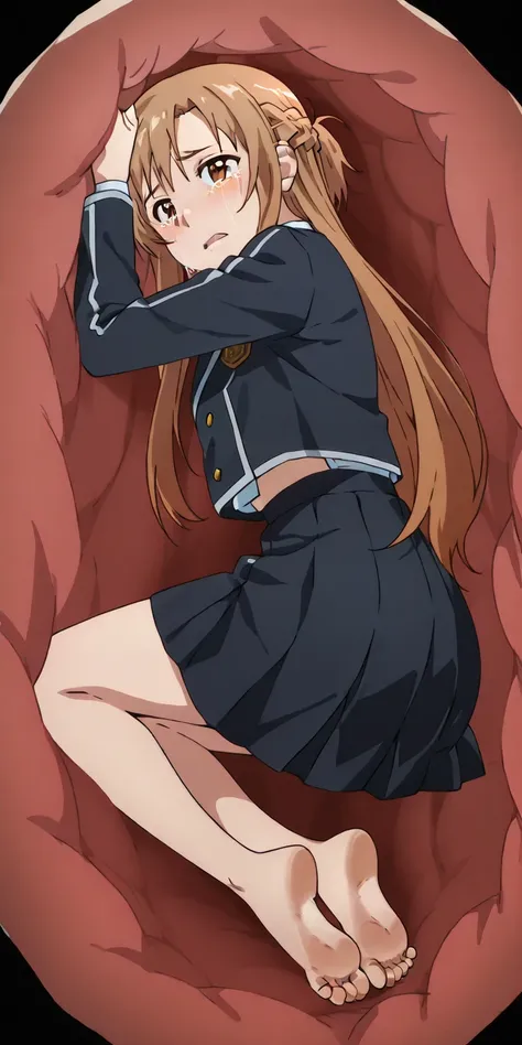 anime screencap, asuna, winter school uniform barefoot, fullbody, sole feet, inside a stomach,
stomach interior, tears