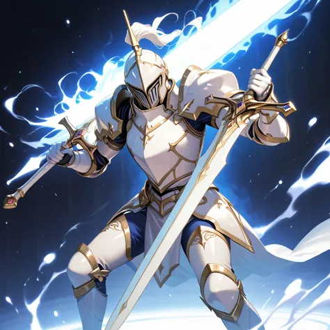 a highly detailed and luminous white armor, a highly detailed and large white helmet, a highly detailed and large white sword, a mystical golden gem within the armor, a backdrop of a white hole in space, ethereal white aura, white neon lighting