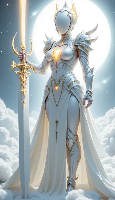 a highly detailed and luminous white armor, a highly detailed and large white helmet, a highly detailed and large white sword, a mystical golden gem within the armor, a backdrop of a white hole in space, ethereal white aura, white neon lighting