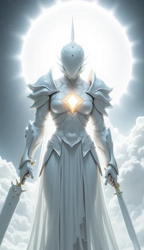 a highly detailed and luminous white armor, a highly detailed and large white helmet, a highly detailed and large white sword, a mystical golden gem within the armor, a backdrop of a white hole in space, ethereal white aura, white neon lighting