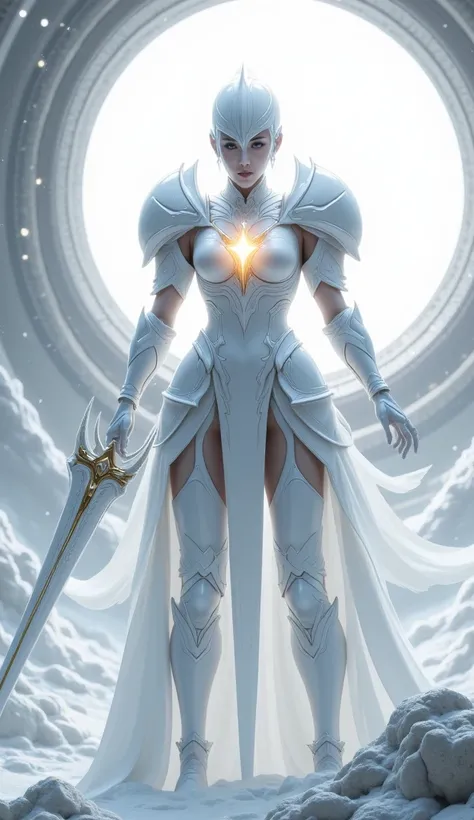 a highly detailed and luminous white armor, a highly detailed and large white helmet, a highly detailed and large white sword, a mystical golden gem within the armor, a backdrop of a white hole in space, ethereal white aura, white neon lighting