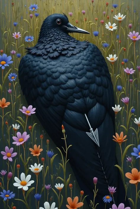 A realist dead black dove laying in a flower field with tall grass with purple, blue, orange, pink, and white, there's a silver arrow piercing through the doves chest