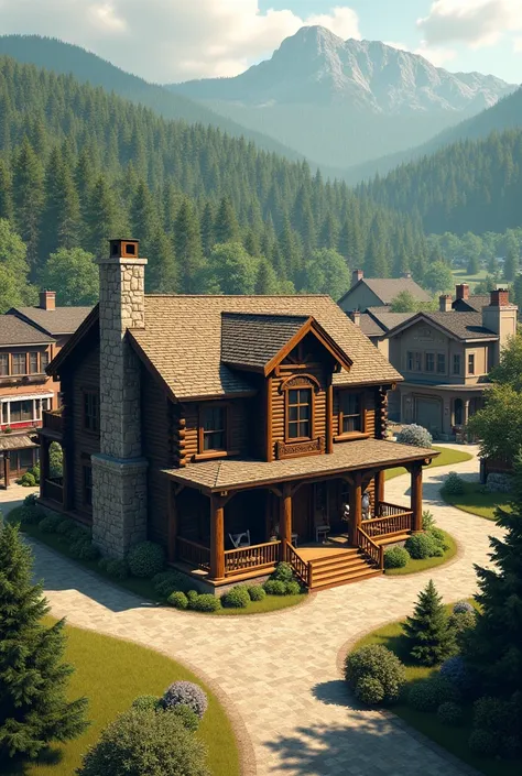 A huge cabin in a town with forest close but not so close 