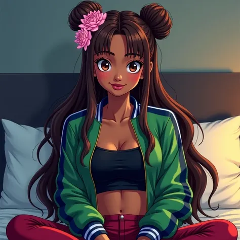 Manga art style Anime, African American girl with dark brown skin,18yo,girl,brown hair with 2 buns and long hair to her back, brown eyes, brown lips, black small spot on Left side of her face, line green jacket with navy blue strips the jacket around her a...