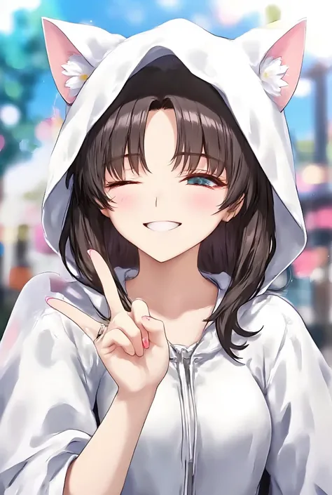 Create an anime-style illustration of a cute girl.She is wearing a white hooded cloak with cat ear decorations,giving her a playful and adorable look.Her expression is cheerful and lively,with one eye slightly closed as if she's winking or making a playful...