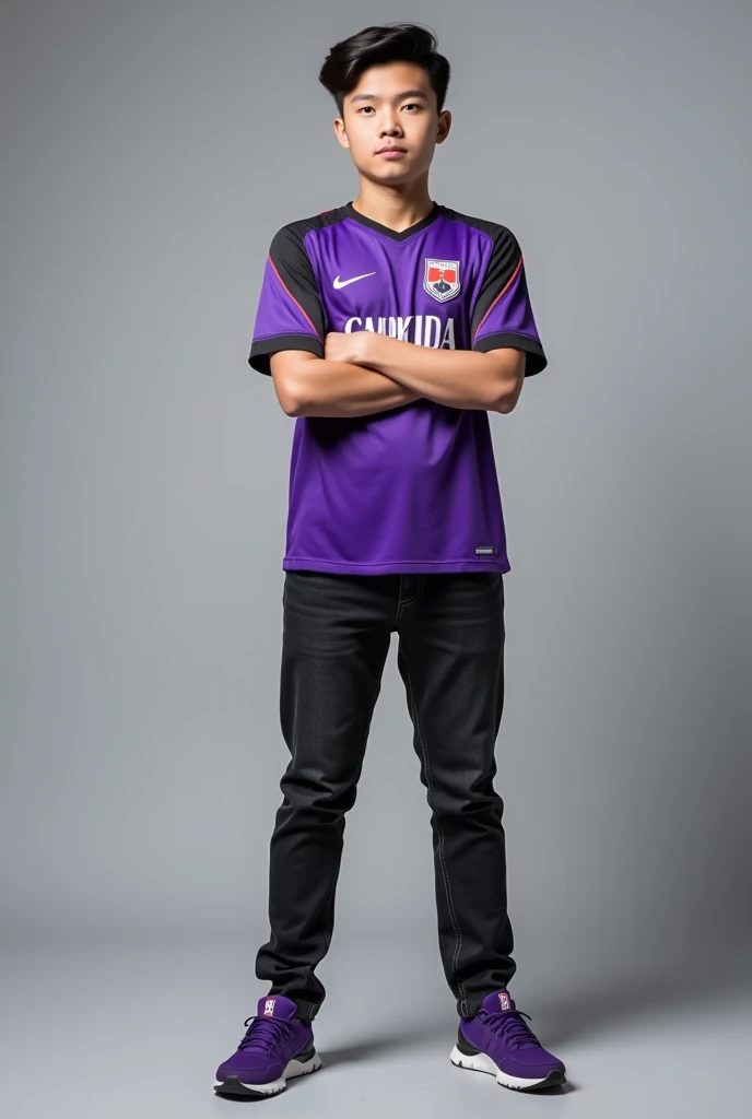 A real 19 years boy, real eyes, wear purple color's jarsey, black collar, black jeans, purple color's sports shoes, black modern hair, no beard, fold arms, he stand for photo for eSports selection, grey background, ultra realistic, ultra 8k quality.