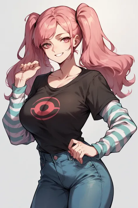 1 girl, solo, black short sleeve t-shirt, layered sleeves, white long sleeves, jeans, defHilda, pink hair, pink eyes, twintails, black t-shirt over white long sleeves, confident smile, striped sleeves, large breasts