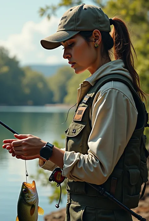 bass fishing high definition,  top quality, accurate,  anatomically correct,  Masterpiece,  Proximity Method,  8k octane ,woman fishingwear