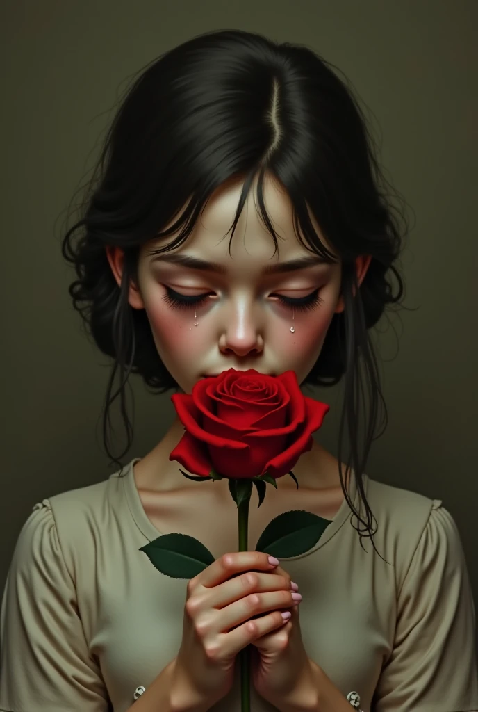 A vintage girl who is crying with her eyes closed holding a rose