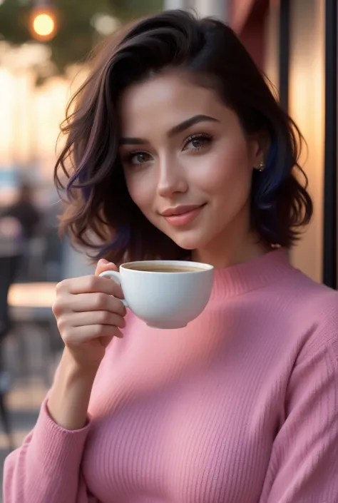 beautiful latina woman wearing pink sweater (sipping coffee in modern cafe at sunset), very detailed, 18 years old, innocent face, natural wavy hair, black with several blue dyed strands, brown eyes, high resolution, masterpiece, best quality, intricate de...