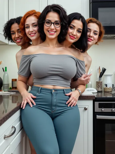 (((3heads))), ((one very black male African head, one tan black hair Colombian head, one red hair Irish head)), (muscular body:1.9), mom, leaning back, glasses, muscular, big butt, very thin, loving, pretty, smiling, wearing a watch, in a kitchen, very fem...