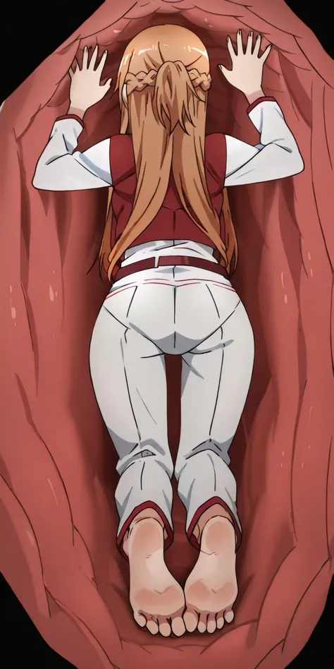 anime screencap, asuna, Starter Outfit, barefoot, fullbody, sole feet, inside a stomach
stomach interior