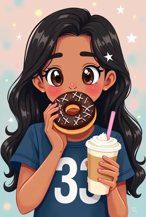 girl cute kawaii. long black hair wavy,l ight brown skin tan skin, brown eyes, star, eating a chocolate donut with checks full. with a latte and wiped cream  dunkin donuts.
wearing a navy blue top short sleeves, with the number 33 white, disneyy cartoon. s...