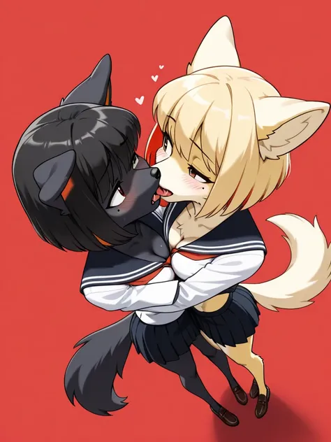 (( Masterpiece,  top quality, dynamic angle,french kiss,yuri)), (furry:1.3, Nose first:1.2, wolf ears, wolf tail,　anthro :1.3, 1 Female:1.3, Chest:1.3, bob cut, black hair, red colored inner hair, fang,shy),  (furry:1.3, Nose first:1.2, dog ears, dog tail,...