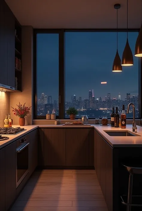 Make an image of a simple apartment kitchen with a large glass window in the background and several bottles of drinks over the island in the middle of it, at night