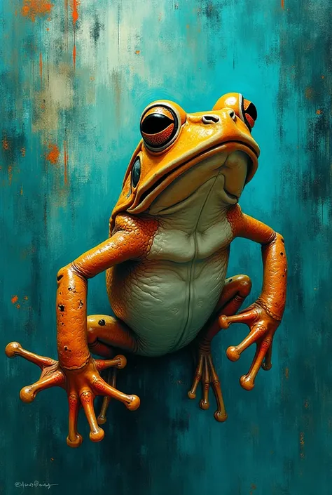 `( frog expressionist style mixed with realism:1.4), ( abstract background in Italian futurism style :1.3), ( fusion of the organic and geometric :1.3), ( vibrant turquoise colors :1.2), ( touches of intense orange :1.2), ( detailed texture of the frog's s...