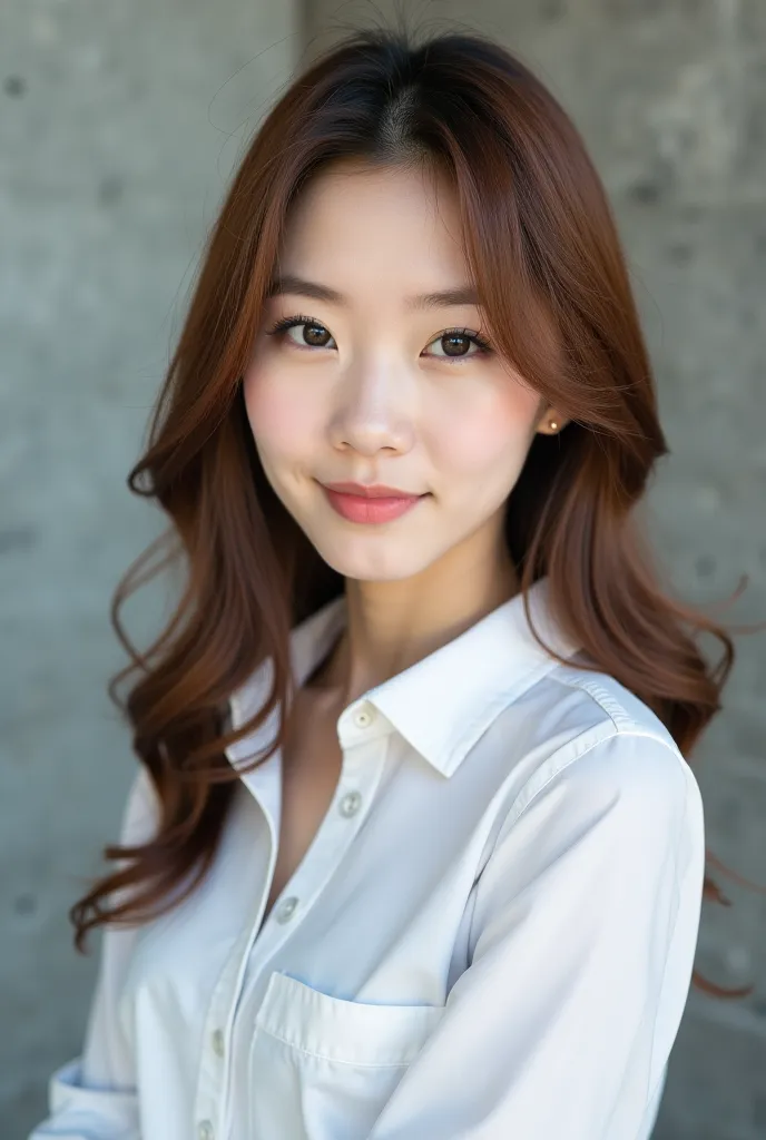  top grade, 1 beautiFul woman, 30 years old,  Korean woman,S, 40mm lens , F/1,  cowboy shot,  Concrete Background 、tile background 、 white blouse 、 very light brown hair、Tile wall ,From below、Straight hair、Straight hair、