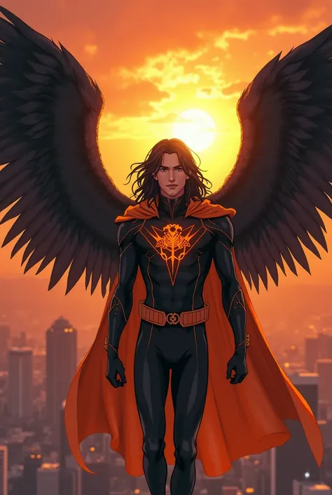 A man with long black hair,  who wears a tight black and orange superhero costume, black angel wings with orange, That you are flying over a city at sunset in the style of the anime mr.Love Queen Choice is without a cape and has a dragon symbol and more de...