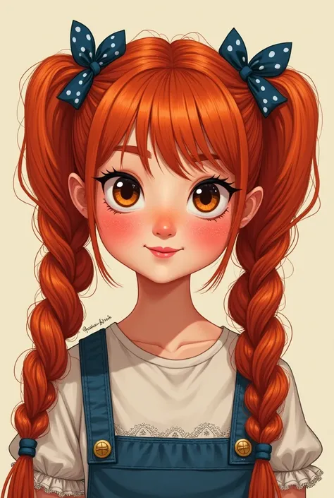 Drawing of a red-haired American peasant girl with 80s style pigtails with two polka dots on her right cheek 