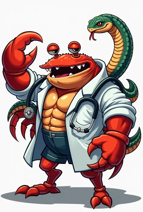 Raia mascot, strong,  crab with lab coat and stethoscope and snake wrapped around his arm