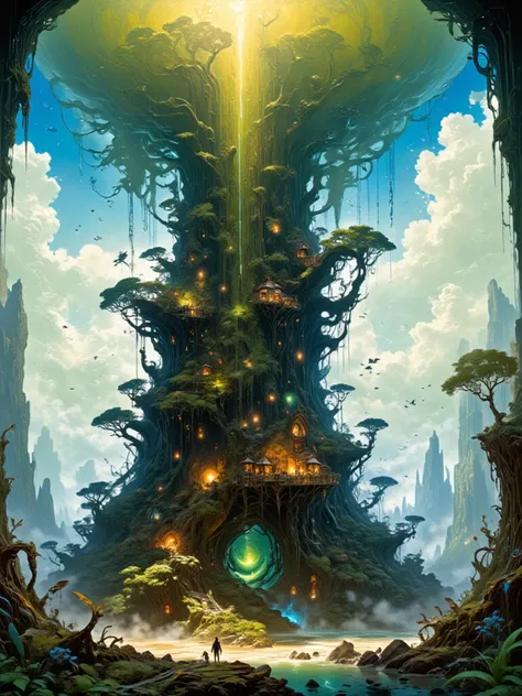 Huge towering world tree, treehouse with many rooms. Surrounded by forest, vast world,  fantasy, 8k, live action. high resolution,  high detail,  very detailed, look up,  anime style, 