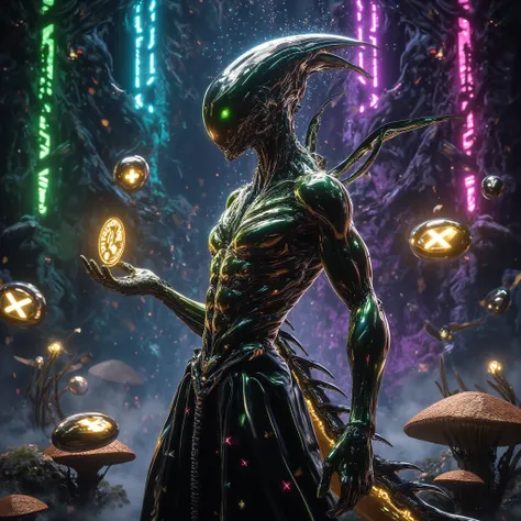 A faceless alien radiates energy and futuristic charm. Its sleek, fluid form glows in rich dark greens, deep sapphire blues, deep magentas, and shimmering golds and silvers. The colors shift dramatically with the light, creating a dazzling, illuminated eff...