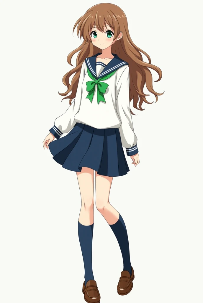 Create an image of an original character with a Detective Conan style pattern。14-year-old middle school student。I'm wearing a white sailor suit 。 has 1 white line on my dark blue collar。 ribbon is bright green。dark blue calf-length socks and loafers。Skirt ...