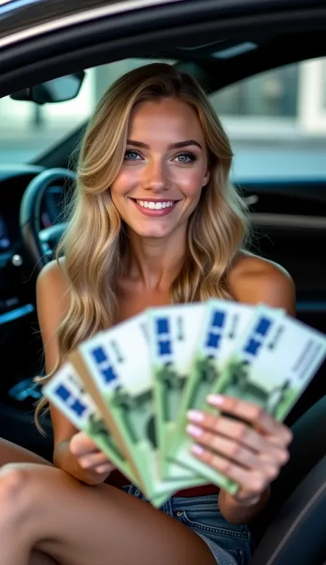 "A young and beautiful woman with long, wavy blonde hair sits on the leather seat of a luxury car. She smiles confidently while holding several 100-real banknotes in her hands, spreading them out in a flashy manner. Her eyes shine, and her flawless makeup ...