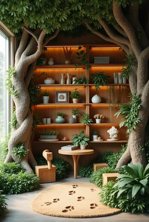 artificial vines, treehouse-style shelves, and animal footprints guiding s through different sections.