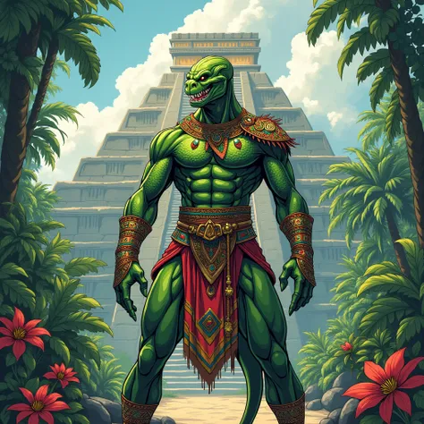  You can turn me into the Marvel hero Humberto López (reptile),  anime-style. Wear clothes Trigal Guerrero background a Mayan pyramid .