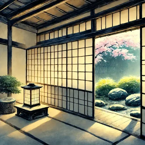 No_human, original_scenery, safe, an open veranda facing a rock garden, subtle morning light filtering through shoji, Namama Polaris , masterpiece,best quality,amazing quality