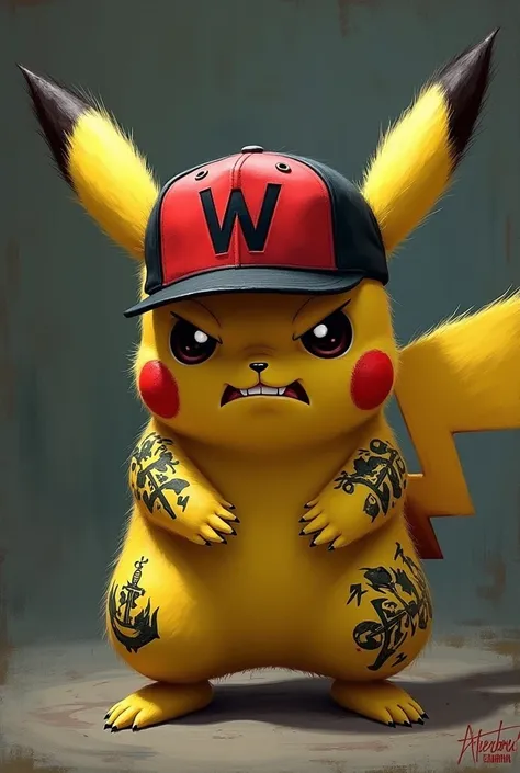 Take the first image, The one with the red and black cap with the letter W in the center and the angry Pikachu and add tattoos to show "gangster"